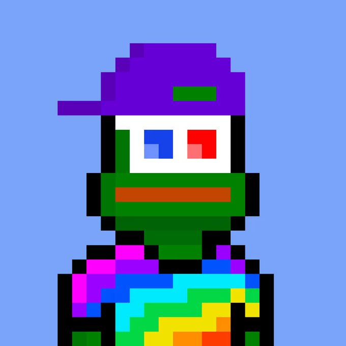 A pixel art illustration of a green-skinned zombie-like character wearing 3D glasses and a purple backwards cap against a blue background.
