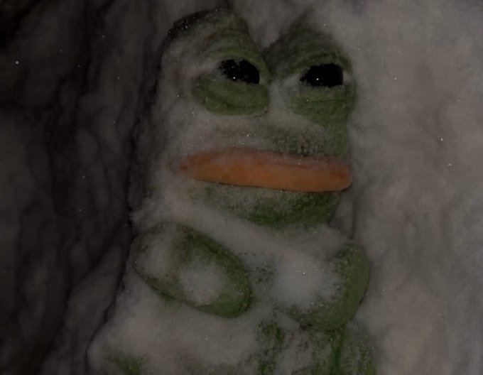 A snow-covered Pepe the Frog figure with an orange beak-like mouth sits partially buried in snow, humorously mirroring the post's joke about emerging from "crypto twitter hypersleep" only to find the meme-laden community unchanged—the frosted, weathered frog perfectly capturing the feeling of waking up to the same familiar crypto chaos one left behind.