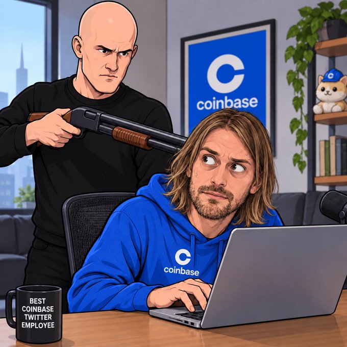 A bald man in black holds a shotgun behind a stressed man wearing a blue "coinbase" hoodie while he works on a laptop, with a framed Coinbase logo on the wall and a "BEST COINBASE TWITTER EMPLOYEE" mug on the desk—depicting the intense pressure of working at Coinbase amid the company's struggles.
