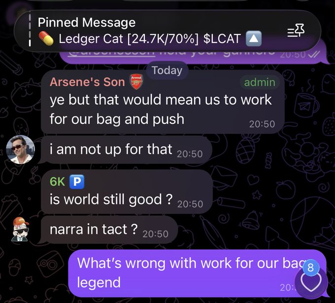 A Discord chat screenshot discussing a crypto token 'Ledger Cat $LCAT' at [24.7K/70%], with users debating whether the world and Narra are still good and discussing work.