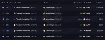 Arthur Hayes' recent wallet transactions, dated February 7th, show significant inflows including ~$215K AERO ($296,994) and ~$7K PENDLE ($6.59), aligning with the post about his bullish activity on $AERO, $PENDLE, and $ZAMA tokens referenced in the caption.