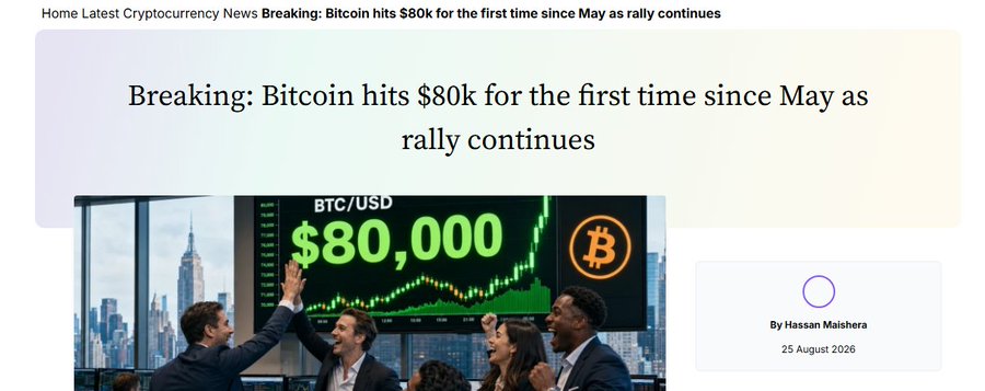 Bitcoin's screen displays "$80,000" as cheerful traders celebrate BTC/USD's rally, visually capturing the post's description of a 30% weekly surge driven by short squeezes and improving liquidity after the U.S. Treasury announced doubled debt buybacks.