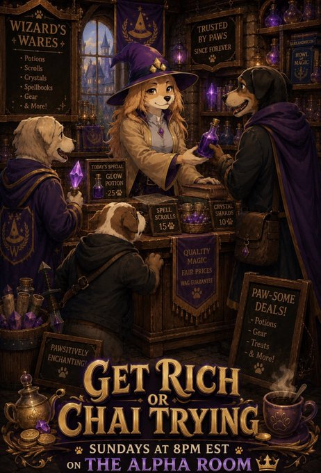 A promotional poster titled 'Get Rich or Chai Trying' for an event on 'Sundays at 8PM EST on The Alpha Room,' featuring anthropomorphic dogs dressed as wizards in a potion shop.