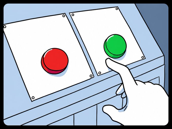A cartoon hand points to a red button and a green button on a blue background, with the red button slightly larger than the green one.