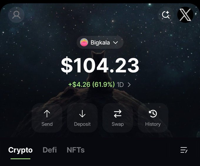 A crypto wallet interface belonging to "Bigkala" shows a balance of $104.23 with a 1D gain of +$4.26 (61.9%), along with Send, Deposit, Swap, and History action buttons, indicating the user has recently funded the wallet to purchase $ANSEM tokens during price dips.