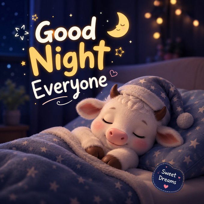 A 3D-rendered illustration of a cute, sleeping baby cow wearing a star-patterned nightcap, tucked into a blanket in a dimly lit room, with 'Good Night Everyone' and a 'Sweet Dreams' badge.