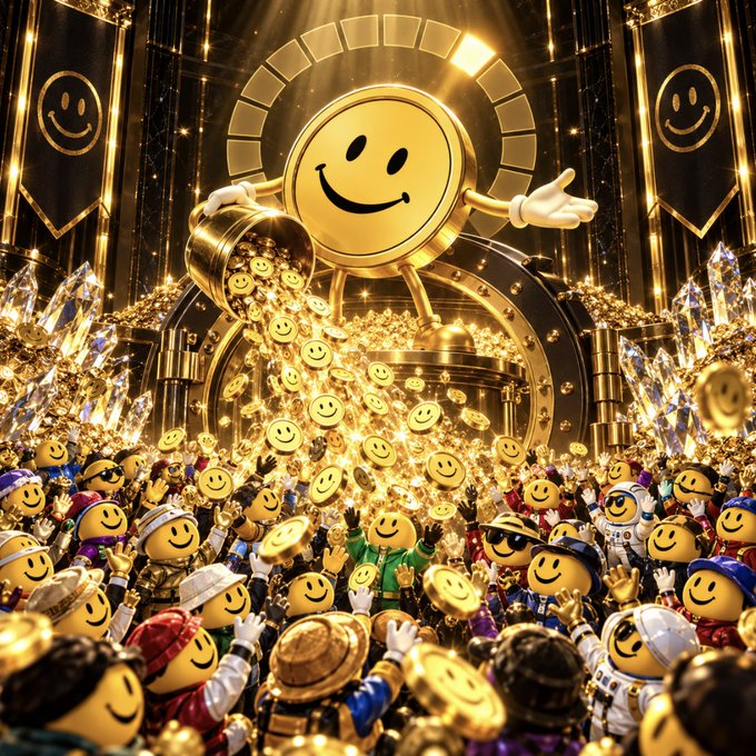 A vibrant, fantasy-style illustration features a giant golden smiling coin character pouring more golden smiley coins over a cheering crowd of smaller smiley characters in front of a castle.