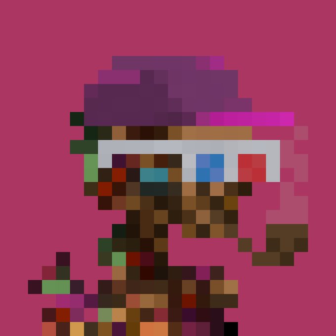 Pixel art portrait of a character wearing a purple hat and multicolored 3D-style glasses against a magenta background.