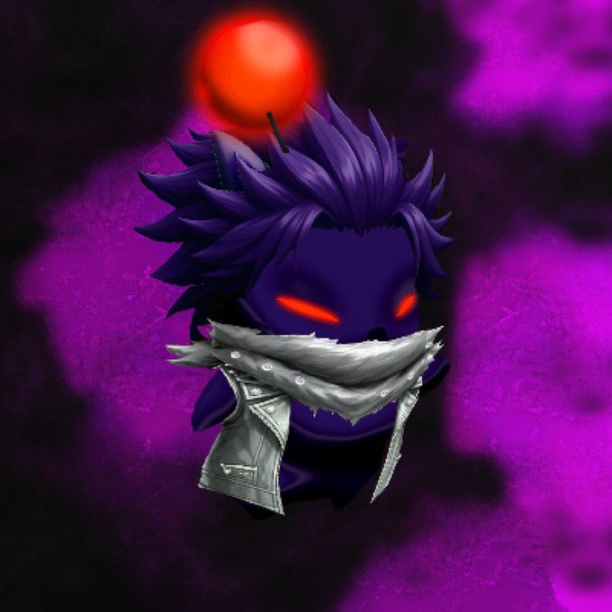 Digital artwork of a dark, hooded figure with glowing red eyes and spiky purple hair against a purple background with a red orb above.
