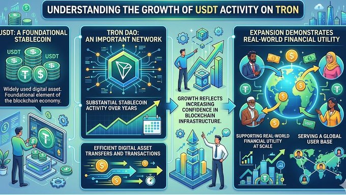The image features an infographic that explains the growth of USDT Activity on TRON Stablecoins. It provides a visual representation of the development process from initial coin creation (ICO) to stablecoin creation (DAO), demonstrating various milestones throughout the journey. The infographic highlights the importance of USDT activity in the blockchain economy, emphasizing the role of stablecoins like DAO and its impact on global financial infrastructure.