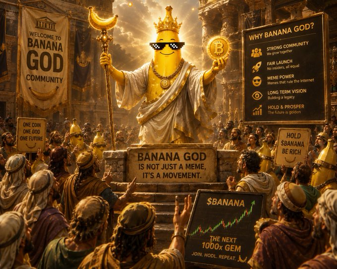 A digital illustration depicts a 'Banana God' statue wearing sunglasses and a crown, holding a staff and a Bitcoin coin, with banners reading 'WELCOME TO BANANA GOD COMMUNITY' and 'WHY BANANA GOD?' promoting its features.