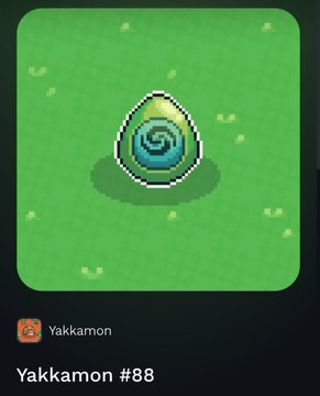 A digital illustration of a pixelated blue and green egg-shaped creature with a swirl pattern, labeled 'Yakkamon #88' below the image.