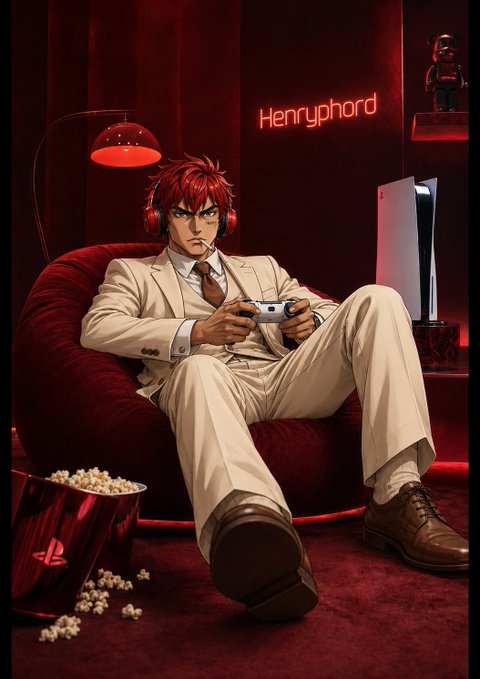 The image features a man sitting in a red chair with his feet up while playing video games using a Nintendo Wii controller. The room has a red carpeted floor and a popcorn bucket nearby. There are also two TVs present, one on each side of the room. A neon sign reading "Henryphard" is visible above the man's head.
