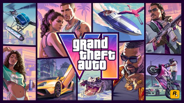 A colorful promotional graphic for the video game Grand Theft Auto VI, featuring illustrated characters and vehicles in a vibrant art style.
