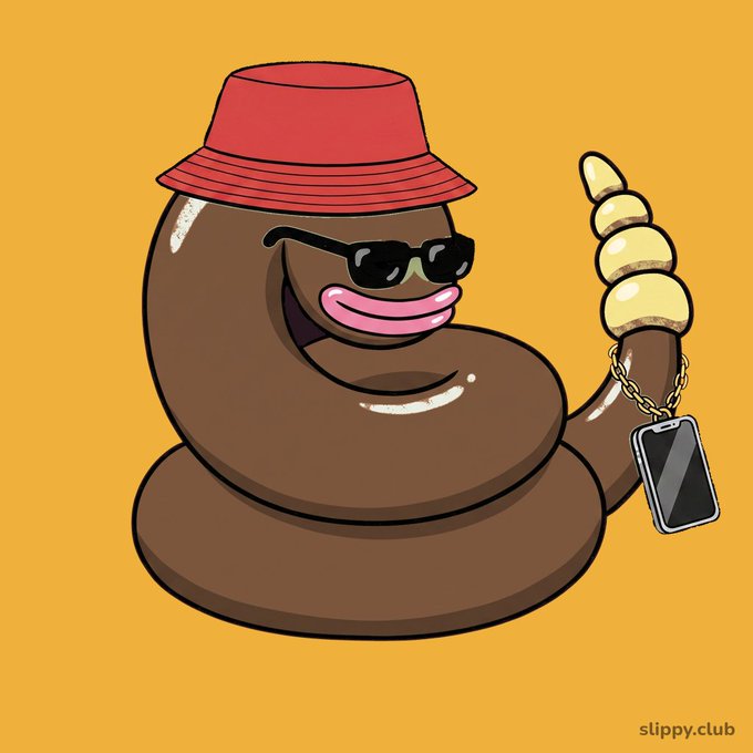 A cartoon illustration of a brown poop emoji wearing a red bucket hat, black sunglasses, and a gold chain with a smartphone pendant, set against a solid orange background with the watermark 'slippy.club'.