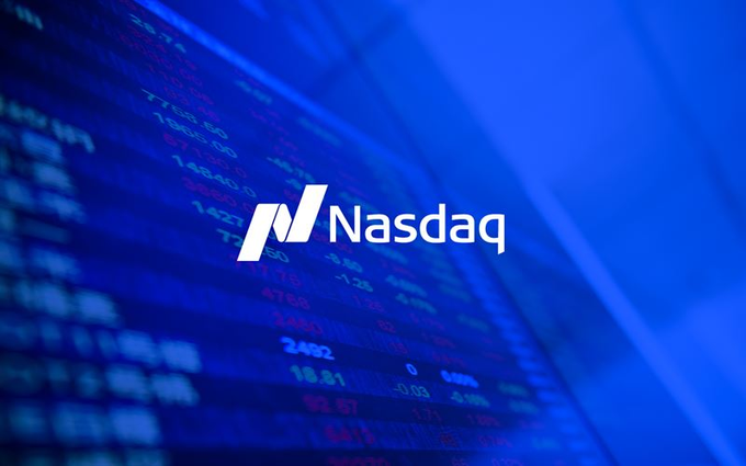 The image shows the Nasdaq logo in white overlaid on a blue background displaying blurred stock ticker numbers and figures. It visually complements the post by representing the Nasdaq's pre-market gains, with the visible data screens symbolizing the active trading and earnings activity driving investor sentiment.