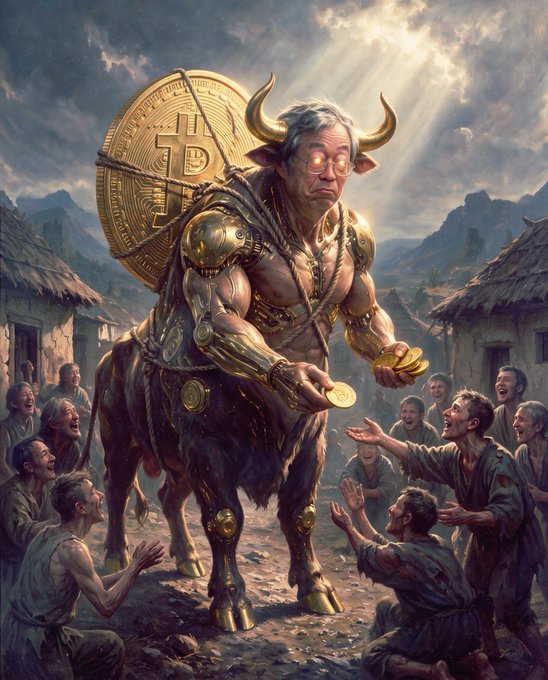 A mythical bull-headed humanoid adorned in gold armor and bearing a large Bitcoin emblem stands triumphantly in a village, distributing gold coins to admiring villagers. The image visually represents the "BULLISH" sentiment by embodying the classic symbol of a rising market—the bull—while the Bitcoin logo on its back reinforces the crypto-specific optimism of the post.