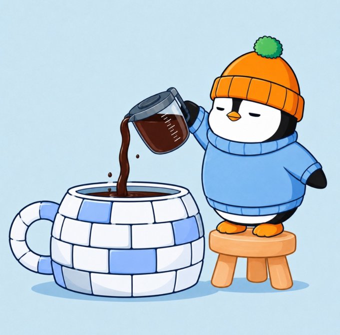 A cartoon penguin wearing an orange beanie and blue sweater pours coffee from a glass pitcher into an oversized ice-block mug while standing on a small stool. The cozy, wintery scene captures a relaxed morning ritual that pairs perfectly with the "$PENGU morning to all believers" greeting, evoking a warm start-of-day vibe for the crypto community.