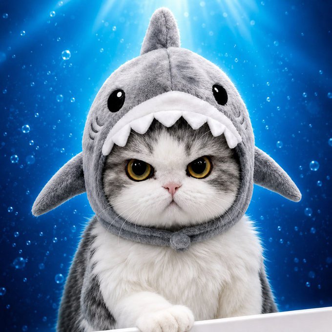 A gray and white cat wearing a shark costume hood is featured in the image, set against a blue underwater-themed background with bubbles. The image serves as the promotional mascot for the $SHARKCAT cryptocurrency token being advertised in the post.