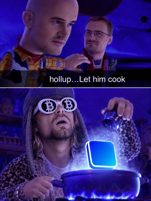 A two-panel meme parodying a cooking scene, showing characters with 'hollup...Let him cook' text above a figure wearing Bitcoin sunglasses stirring a glowing blue pot.