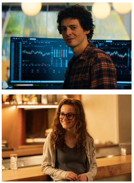 The image appears to be promotional material for a Netflix series about the FTX collapse, likely "The Big Conn," featuring two cast members or real-life figures involved in the story, possibly portraying or resembling people connected to the FTX saga. The caption should focus on the visual content without identifying the individuals by name.