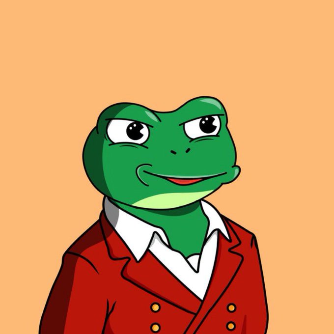 The Pepe the Frog meme character is depicted wearing a red double-breasted suit jacket and white shirt against a solid orange background.