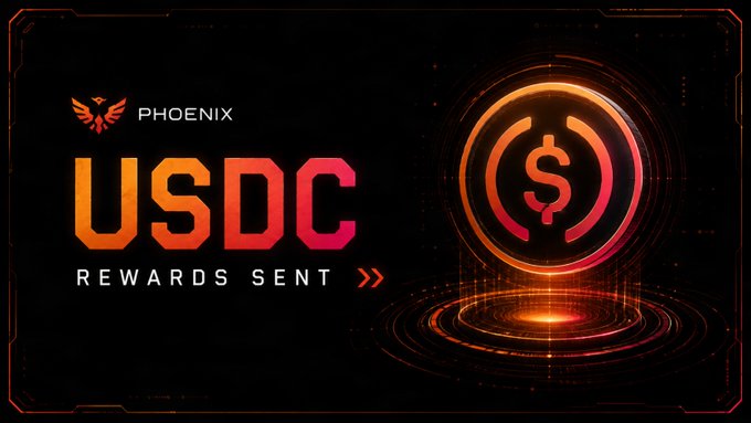 A dark, futuristic graphic with the PHOENIX logo announcing "USDC REWARDS SENT" next to a glowing USDC coin.