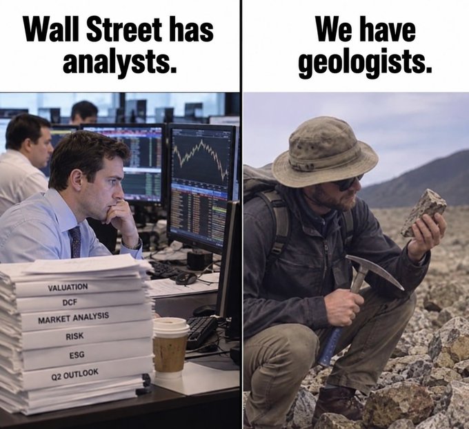 A meme compares Wall Street analysts with geologists, showing a man at a desk stacked with financial reports (Valuation, DCF, Market Analysis) next to a geologist holding a rock and hammer in a field.