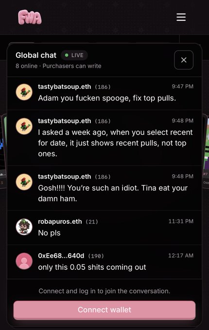 Screenshot of a live global chat on a website featuring users like tastybatsoup.eth (186) complaining about site issues and robapuros.eth (21) saying 'No pls', with a 'Connect wallet' button at the bottom.