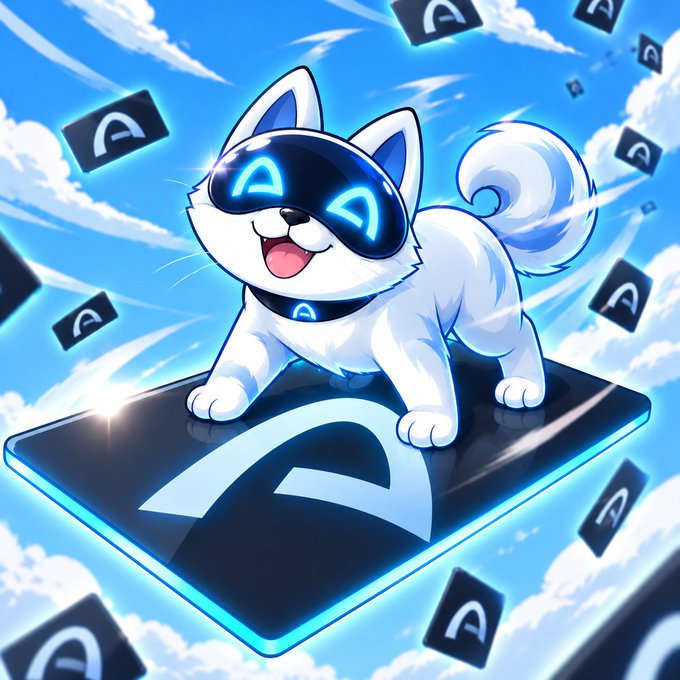 A stylized white cat with glowing blue visor-style eyes stands on a black platform featuring a logo, surrounded by floating logo tiles against a bright blue sky.