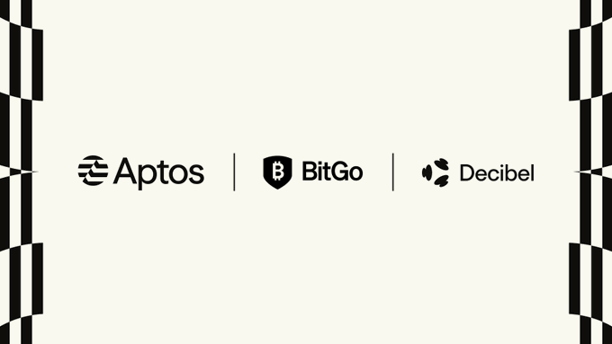 A white graphic displays the logos for 'Aptos', 'BitGo', and 'Decibel' arranged side by side with black striped borders.