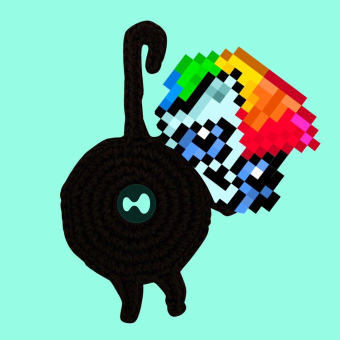 A stylized dark fuzzy character with a green bowtie logo stands next to a colorful pixelated figure resembling an Among Us character on a mint green background.