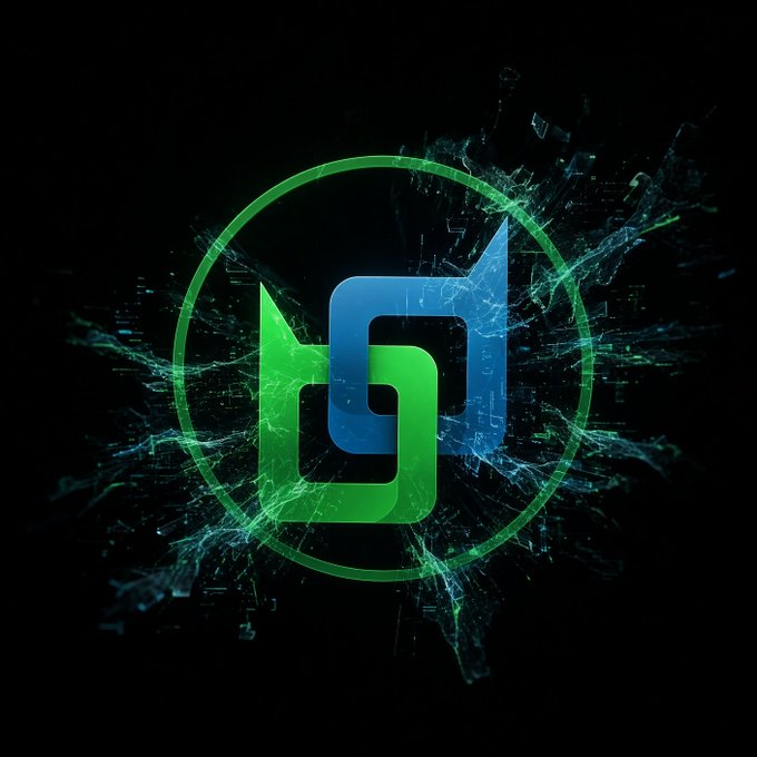 A digital logo featuring interlocking green and blue geometric shapes within a circular outline, set against a black background with shattered glass-like effects.