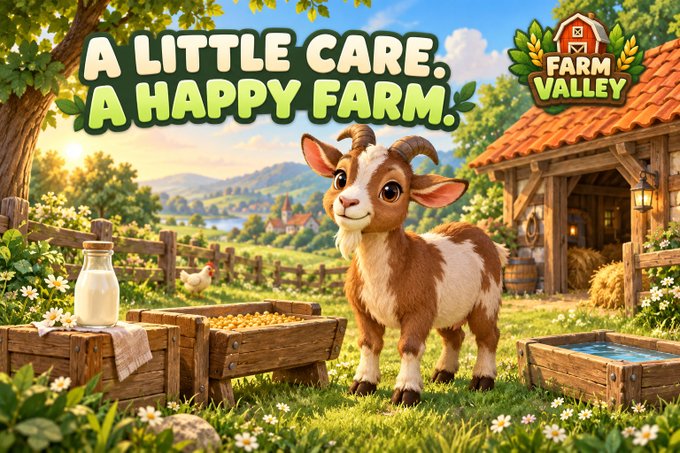 Promotional artwork for 'Farm Valley' game featuring the tagline 'A LITTLE CARE, A HAPPY FARM' with a cute cartoon goat standing in a pastoral scene with wooden crates, a milk bottle, a chicken, and a barn in the background.