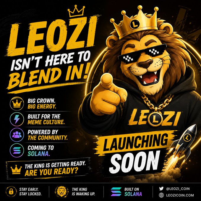 A promotional graphic for 'LEOZI' crypto token features a lion mascot wearing a crown and sunglasses, announcing a 'LAUNCHING SOON' event on Solana.