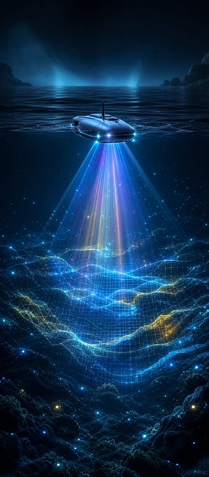 A futuristic submarine hovers above a glowing, grid-patterned seascape, emitting a rainbow-colored beam of light downward into the water. The scene blends dark oceanic depths with a digital, starlit atmosphere.