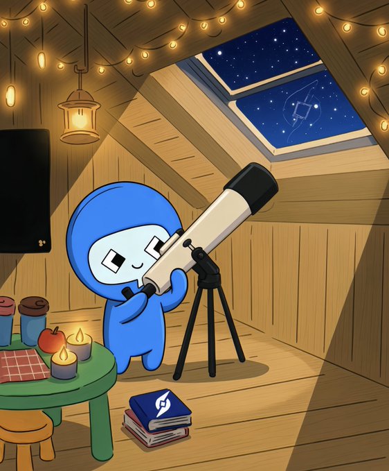A cozy digital illustration of a cute blue character in an attic looking through a telescope at a starry night sky, surrounded by candles, string lights, and books.