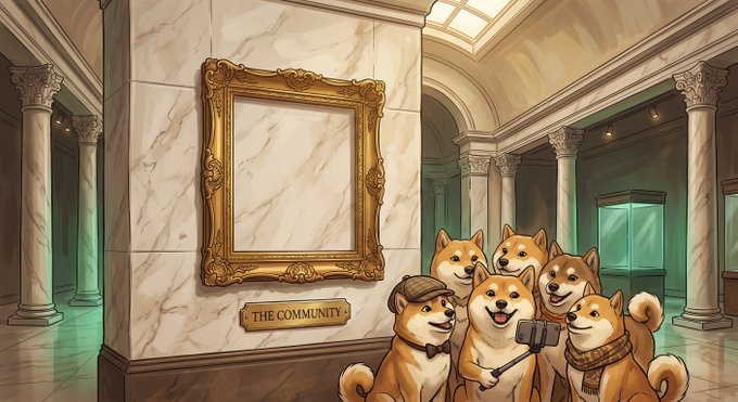 A group of smiling Shiba Inus dressed in tiny accessories gather beneath an empty ornate gold picture frame labeled "THE COMMUNITY" in a grand marble hall. One pup holds a selfie stick, suggesting the empty frame is reserved for the community members themselves to fill in themselves—exactly as the post playfully implies, with the "woof" reinforcing that dogs are claiming this blank space for their own pack.
