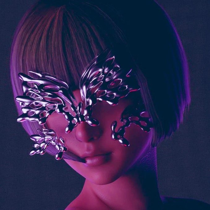 A 3D digital artwork features a person with a purple bob haircut wearing an elaborate, metallic silver butterfly mask over their eyes.