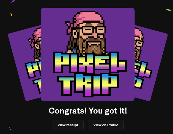 A pixel art avatar of a bearded man with glasses and a pink bandana above the text 'PIXEL TRIP' in colorful retro font, with a confirmation message reading 'Congrats! You got it!' below.