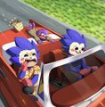Three Sonic the Hedgehog characters are driving a red convertible car with their heads sticking out from the top.