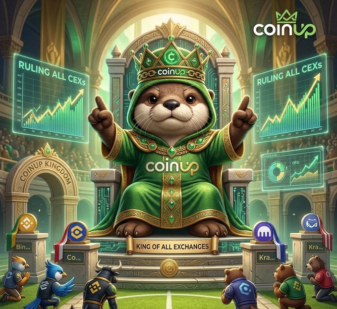 The image features a cartoon otter wearing a green and gold robe, sitting atop an arch with a sign above that says "CoinUp". Around the otter, there are several bears of different colors dressed up in costumes - one wearing a green coat and another in a red suit. The backdrop shows various displays related to cryptocurrency and trading, including graphs and figures depicting the rise and fall of different cryptocurrencies over time. A sports ball is also present in the scene, adding an element of fun and excitement to the overall atmosphere.