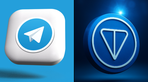 The image features two logos side by side, with the first logo being a telegram icon and the second logo being a blue triangle with a white "t" inside of it. The telegram icon has a white border and a light blue background, while the blue triangle has a white border and a dark blue background. Both logos are in black against their respective backgrounds.