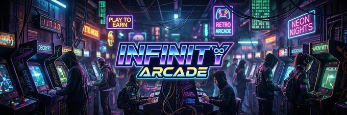 A vibrant cyberpunk-style banner for 'INFINITY ARCADE' featuring retro arcade machines and text 'PLAY TO EARN', 'NEON NIGHTS', and 'RETRO ARCADE'.
