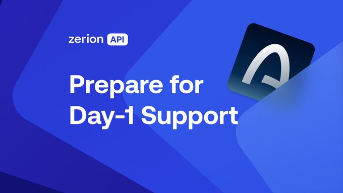 A blue-themed banner with 'zerion API' branding and the text 'Prepare for Day-1 Support' alongside a dark icon with a stylized logo.