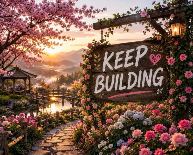 A scenic landscape at sunset features cherry blossoms, a wooden bridge, and a large wooden sign reading 'KEEP BUILDING' surrounded by flowers.