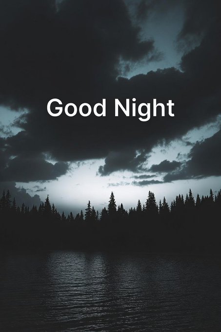 A moody, dark photograph of a lake and silhouetted pine trees under cloudy skies, with the text 'Good Night' overlaid in white.