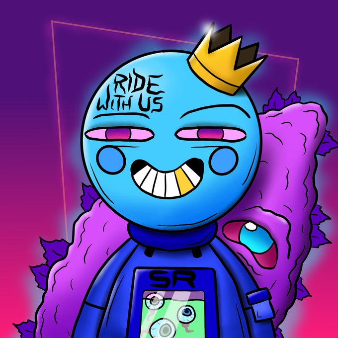 Colorful digital artwork features a blue character with a wide toothy grin wearing a gold crown and "SR" shirt, with "RIDE WITH US" written across the forehead, set against a purple and pink gradient background.