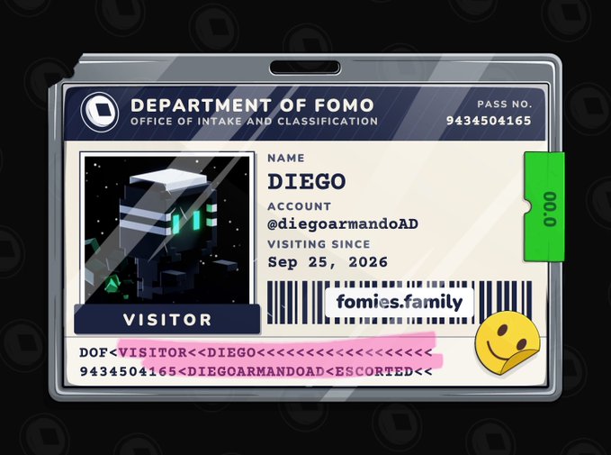 Another 'Department of FOMO' visitor ID card, this time for a user named 'DIEGO' with account '@diegoarmandoAD' and pass number '9434504165', also dated 'Sep 25, 2026', featuring a pixelated character with a graduation cap.