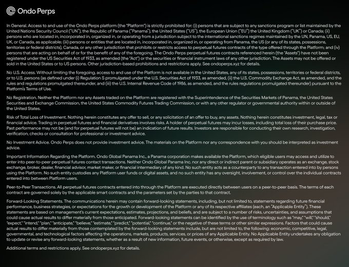 A screenshot of legal terms and disclosures for the 'Ondo Perps' platform, covering prohibited access for various jurisdictions, lack of registration, risk of total loss, and forward-looking statements.